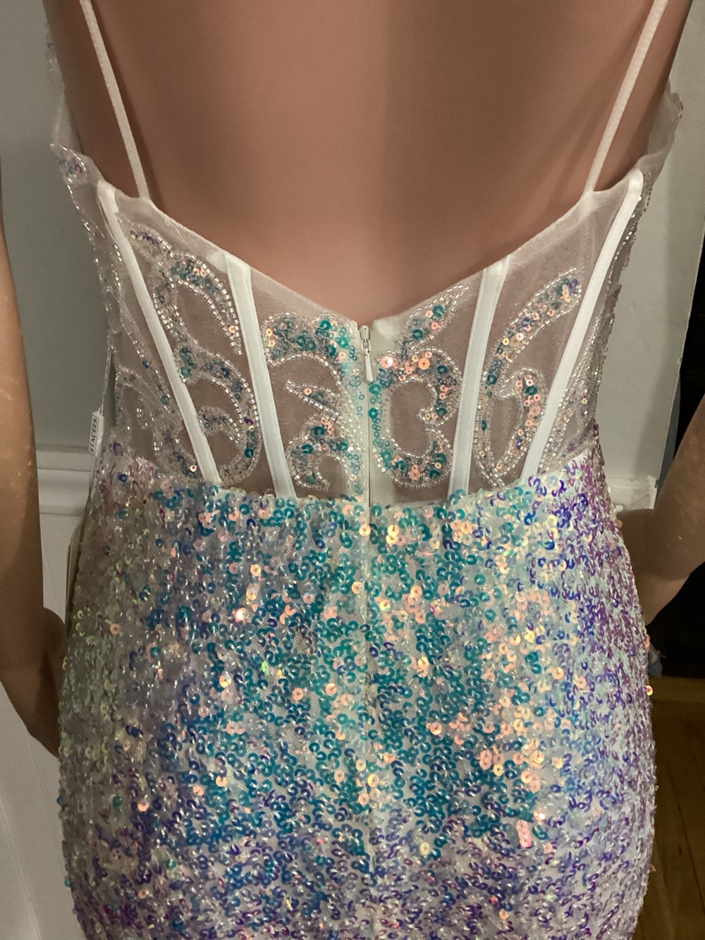Stacees iridescent Sequin Mermaid Fairy Corset Sleeveless Thigh Slit Size 12 - Picture 5 of 15